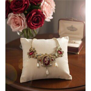 Disney Beauty And The Beast Rose Statement Necklace Red Crystal Pearl Drop 14 in